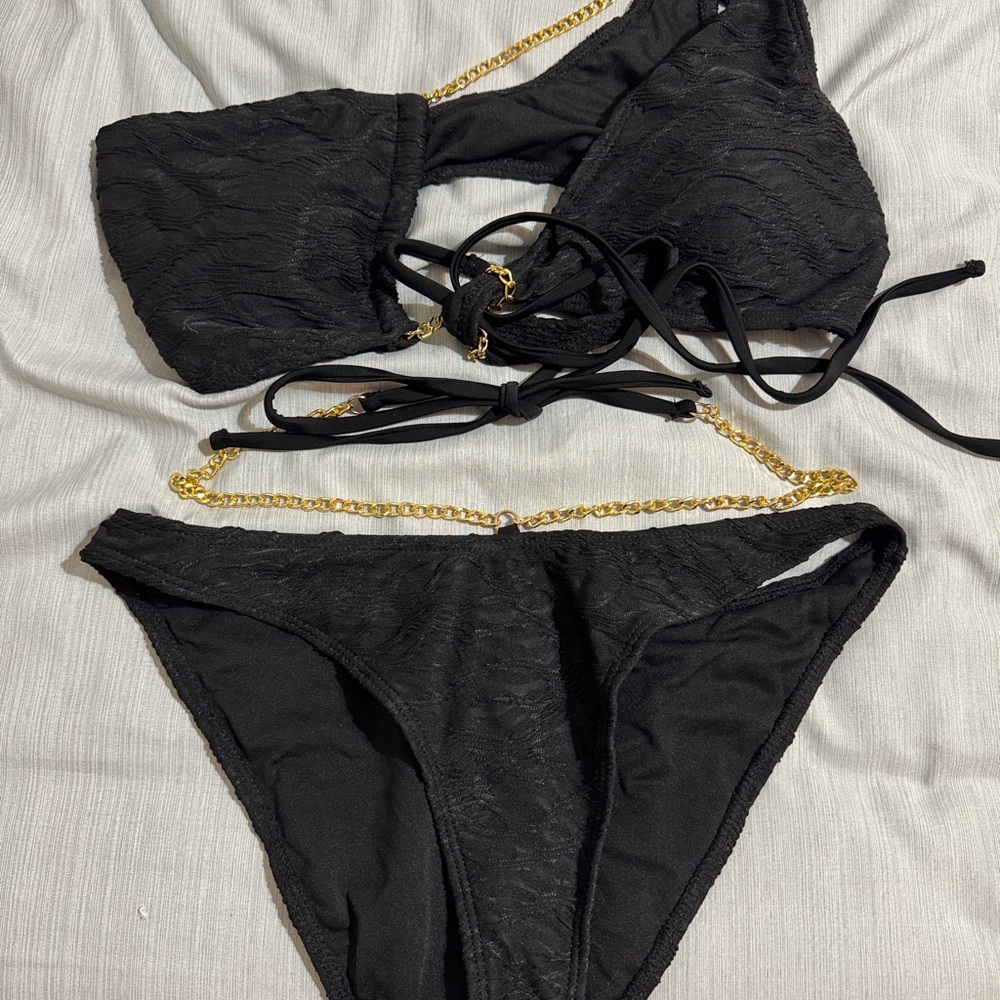 Black Bikini with Gold Chain Accents